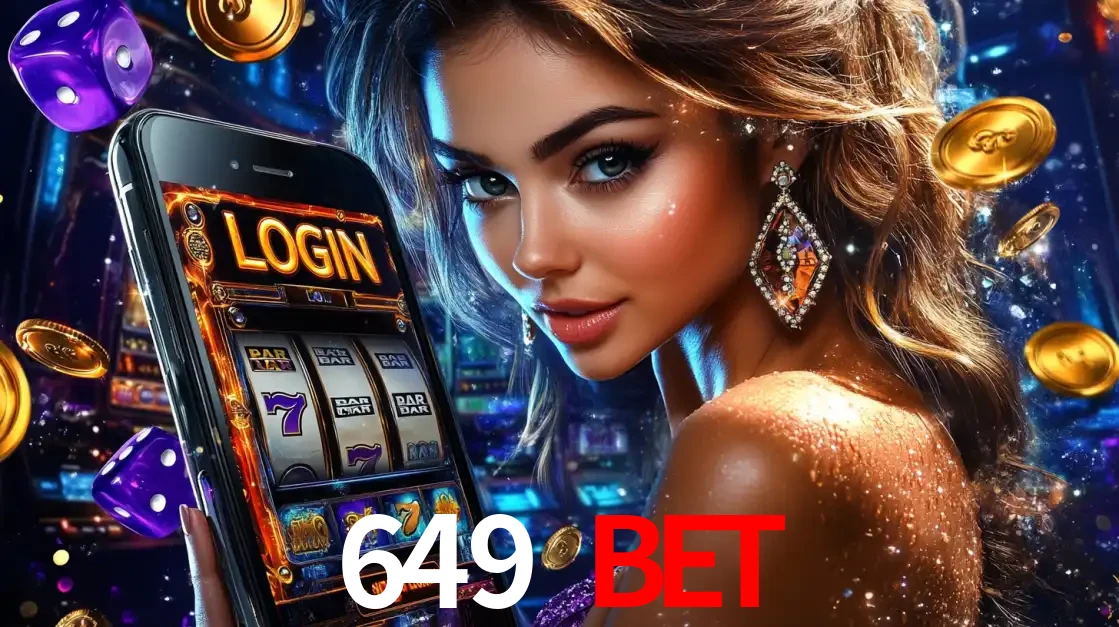 Mulher glamorosa segurando um smartphone com a tela de login para os jogos de caça-níqueis do cassino online 649 BET, com moedas de ouro e dados ao redor.