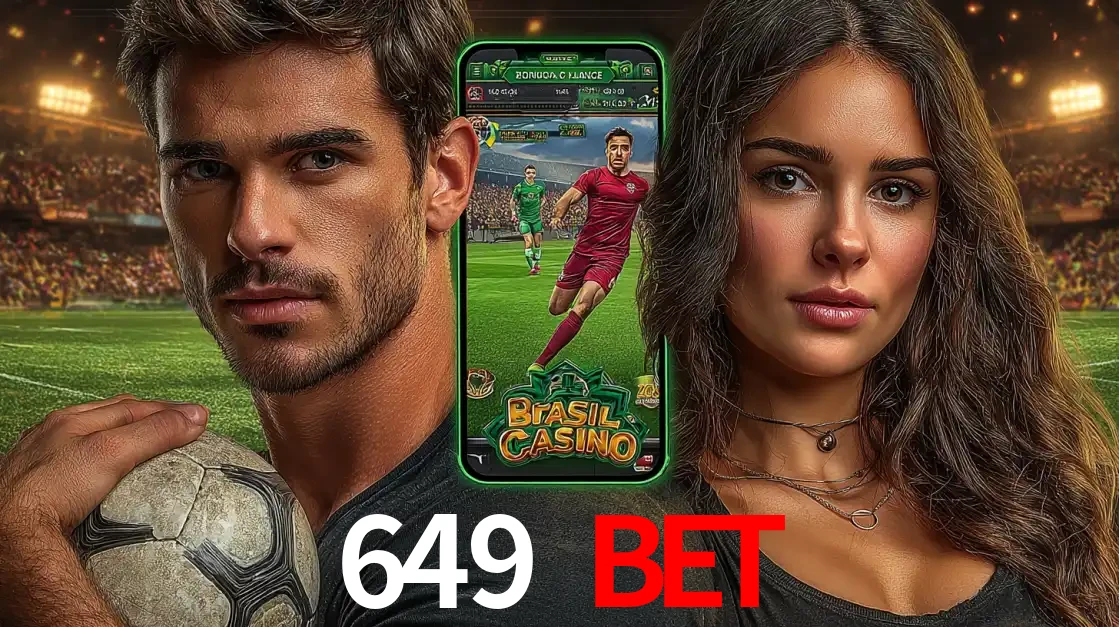 Homem segurando uma bola de futebol e uma mulher ao lado de um smartphone exibindo o jogo de apostas esportivas da 649 BET. Faça seu palpite no cassino online.